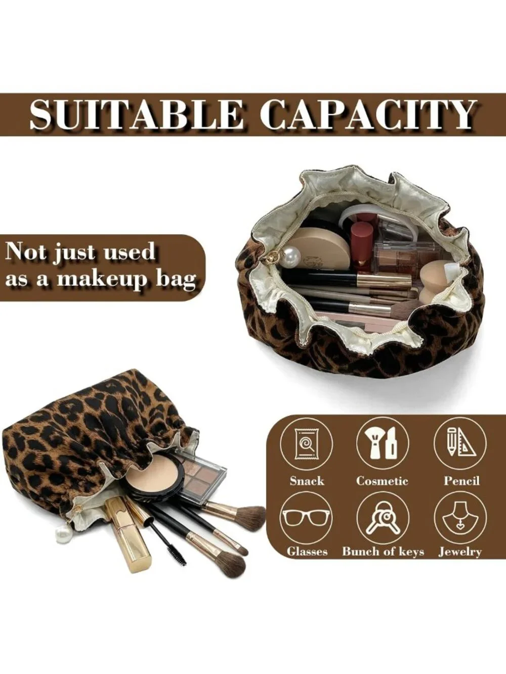 Cute Leopard Makeup Bag for Women, Travel Toiletry Organizer, Aesthetic Cosmetic